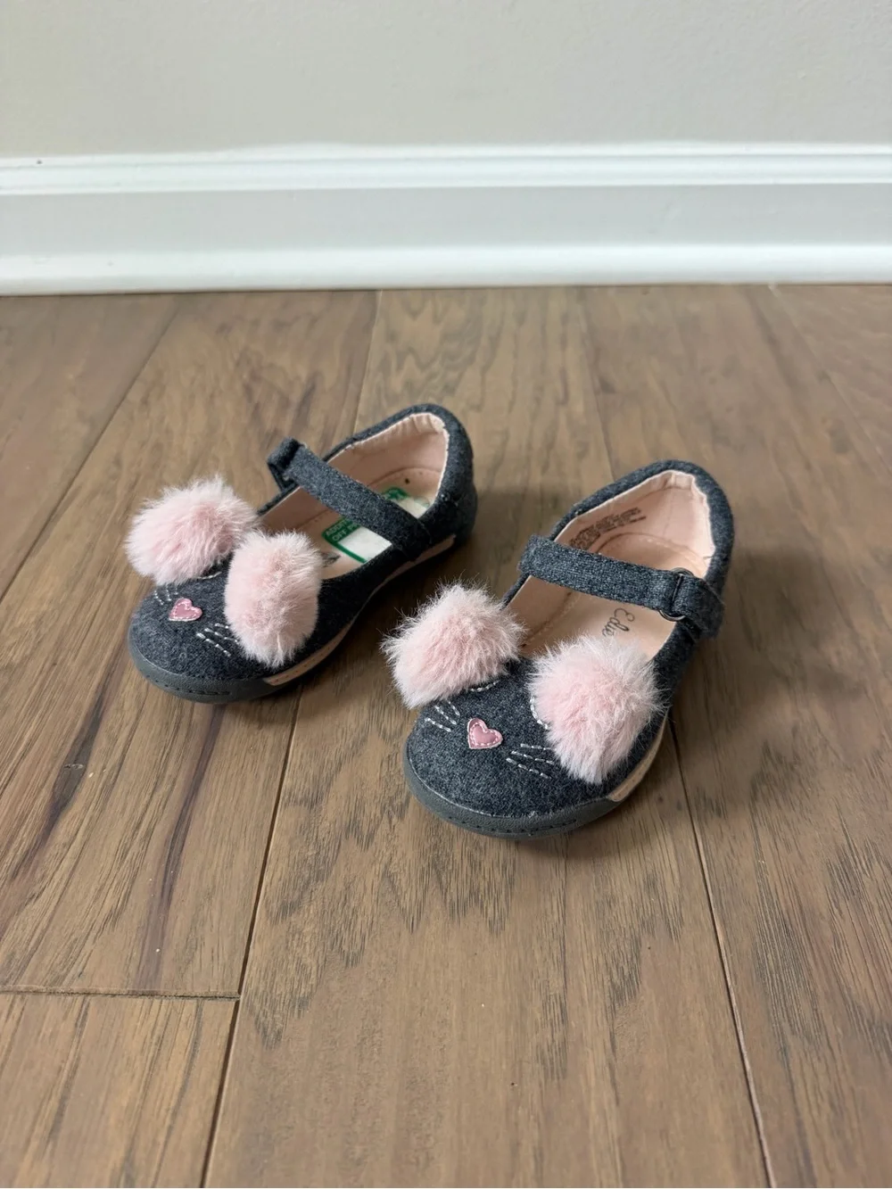 Girls Dark Gray Mary Jane Shoes with Pink Pom-Pom Accents